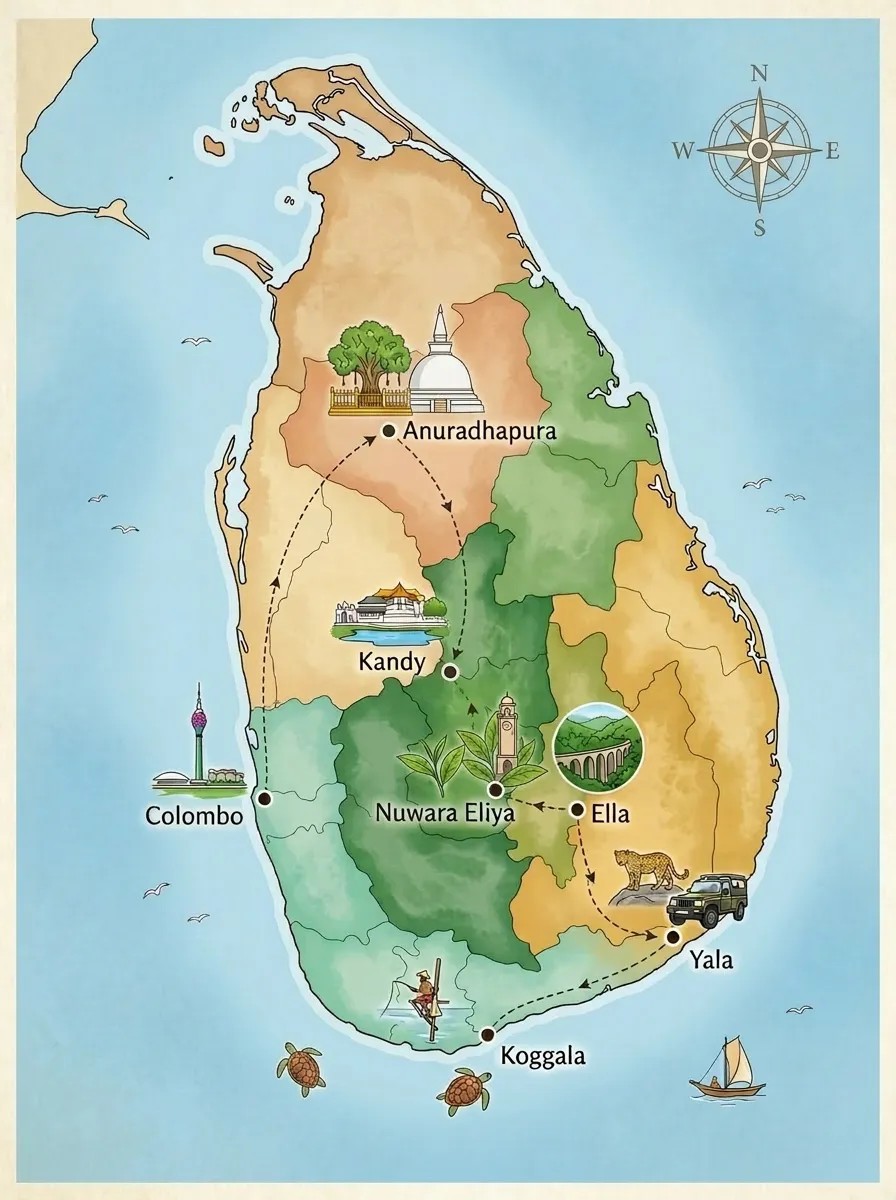 Sri Lanka Honeymoon & Romance Tour Tour Map